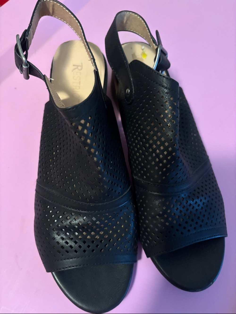 Restricted Black Perforated Slingback Wedge Sandals